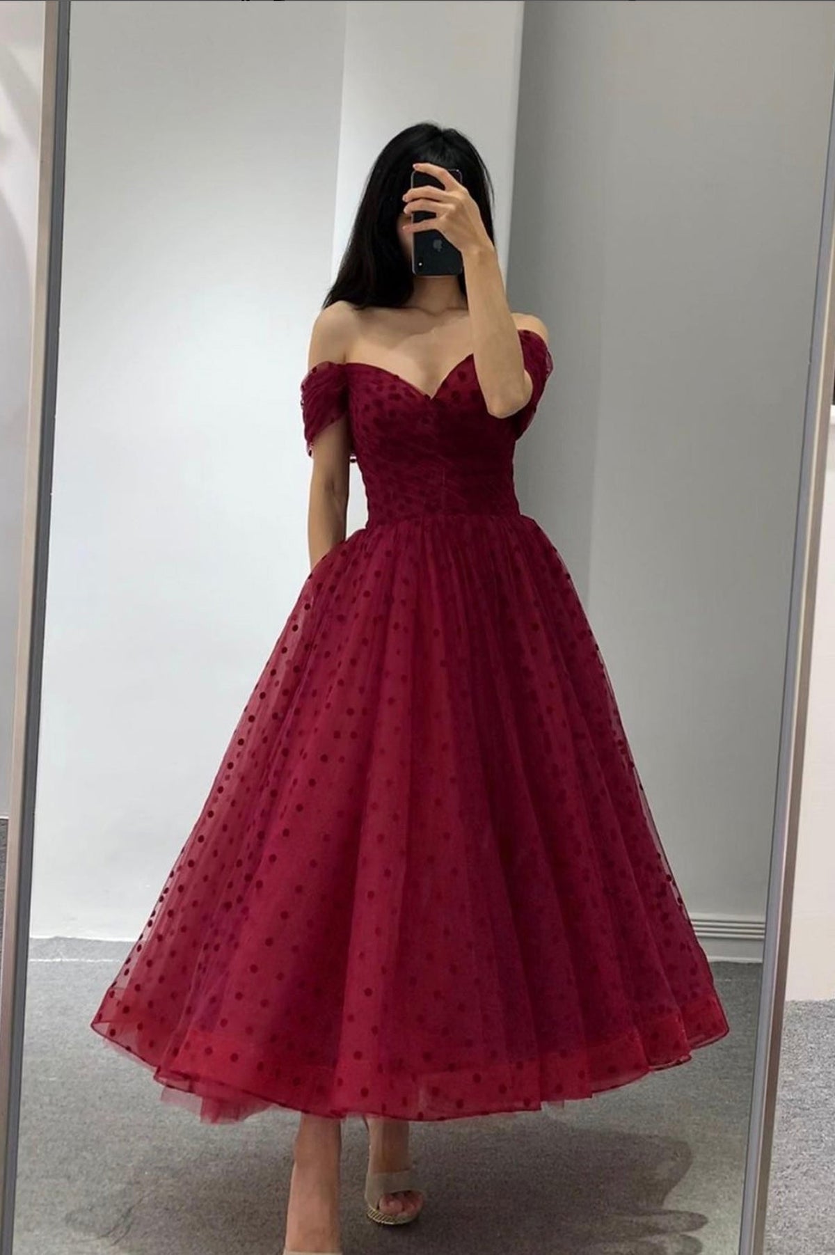 solvbao Burgundy Off the Shoulder Tea Length Prom Dress, Cute A-Line Party Dress