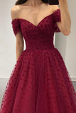 solvbao Burgundy Off the Shoulder Tea Length Prom Dress, Cute A-Line Party Dress