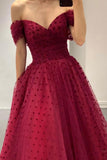 solvbao Burgundy Off the Shoulder Tea Length Prom Dress, Cute A-Line Party Dress