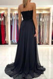 solvbao Black Chiffon Lace Long Prom Dresses, A-Line Strapless Evening Dresses