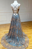 solvbao Grey Tulle Sequins Long Prom Dresses, A-Line Spaghetti Straps Evening Dresses