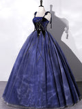 solvbao Blue Velvet Tulle Long Prom Dress, A-Line Evening Party Dress