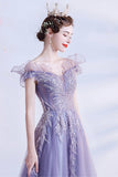 solvbao Purple Tulle Sequins Prom Dresses, A-Line Off the Shoulder Evening Dresses