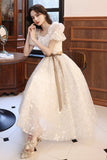 solvbao White Tulle Short Sleeve Prom Dress, Cute A-Line Party Homecoming Dress