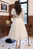 solvbao White Tulle Short Sleeve Prom Dress, Cute A-Line Evening Dress