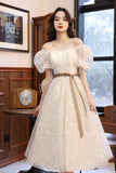 solvbao White Tulle Short Sleeve Prom Dress, Cute A-Line Party Homecoming Dress