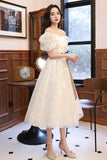 solvbao White Tulle Short Sleeve Prom Dress, Cute A-Line Party Homecoming Dress