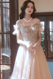 solvbao A-Line Tulle Sequins Long Prom Dress, Off the Shoulder Evening Dress