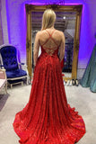 solvbao Red V-Neck Sequins Long Prom Dresses, A-Line Backless Evening Dresses