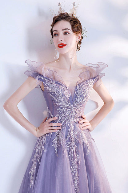 solvbao Purple Tulle Sequins Prom Dresses, A-Line Off the Shoulder Evening Dresses