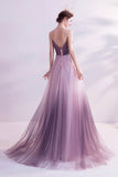 solvbao Purple Tulle Sequins Long Prom Dresses, A-Line Evening Dresses