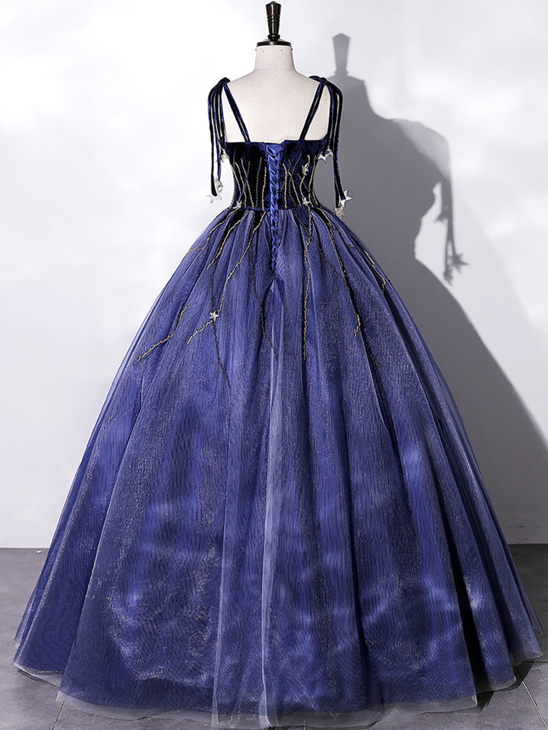 solvbao Blue Velvet Tulle Long Prom Dress, A-Line Evening Party Dress