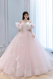 solvbao Pink Tulle Lace Long Princess Dress, Pink Party Dress Evening Dress