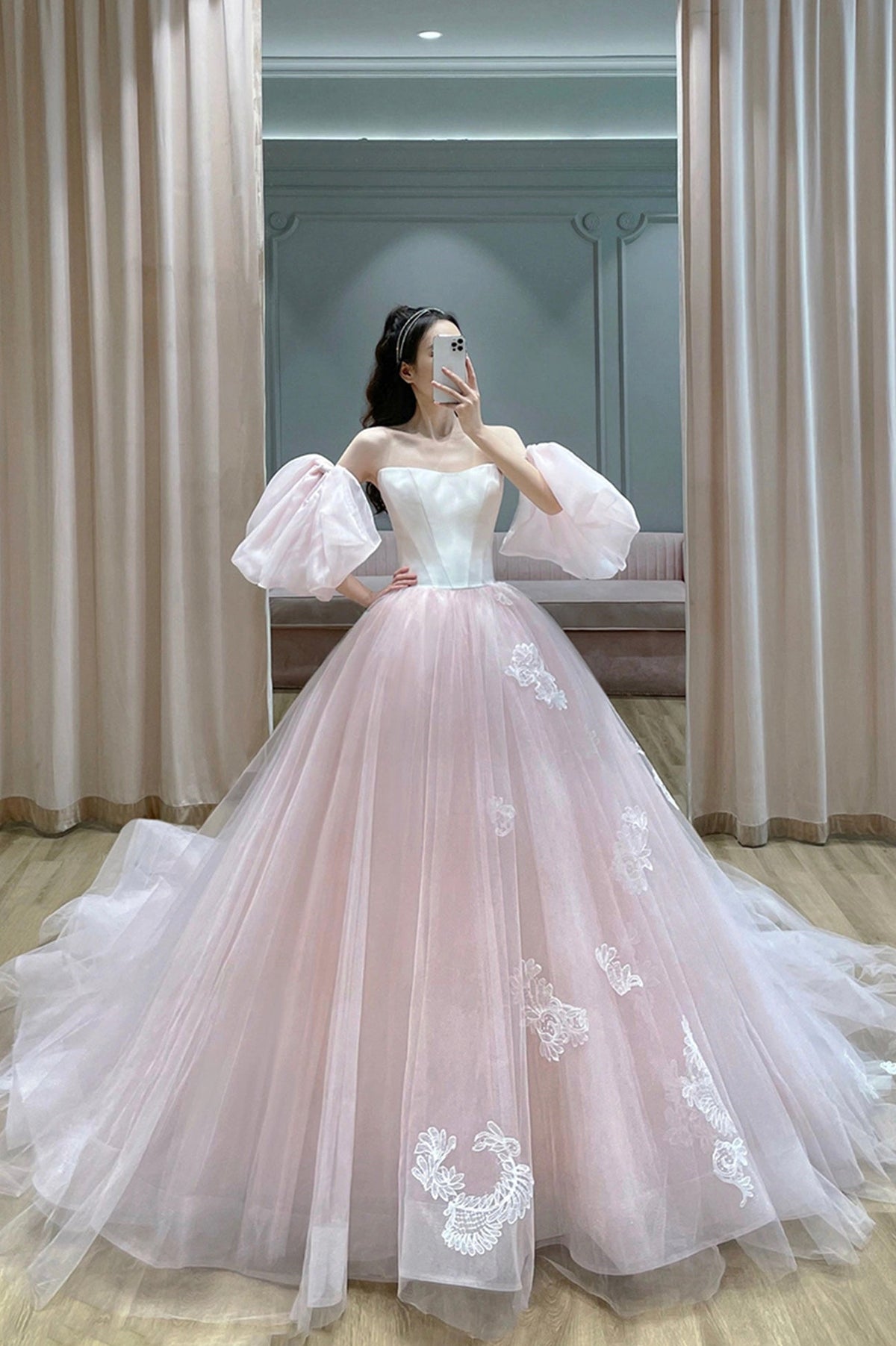 solvbao Pink Tulle Lace Long Princess Dress, Pink Party Dress Evening Dress