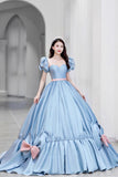 solvbao Blue Satin A-Line Princess Dress, Blue A-Line Evening Gown with Bow