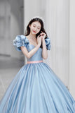 solvbao Blue Satin A-Line Princess Dress, Blue A-Line Evening Gown with Bow