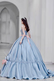 solvbao Blue Satin A-Line Princess Dress, Blue A-Line Evening Gown with Bow