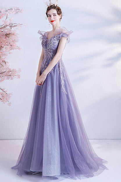 solvbao Purple Tulle Sequins Prom Dresses, A-Line Off the Shoulder Evening Dresses