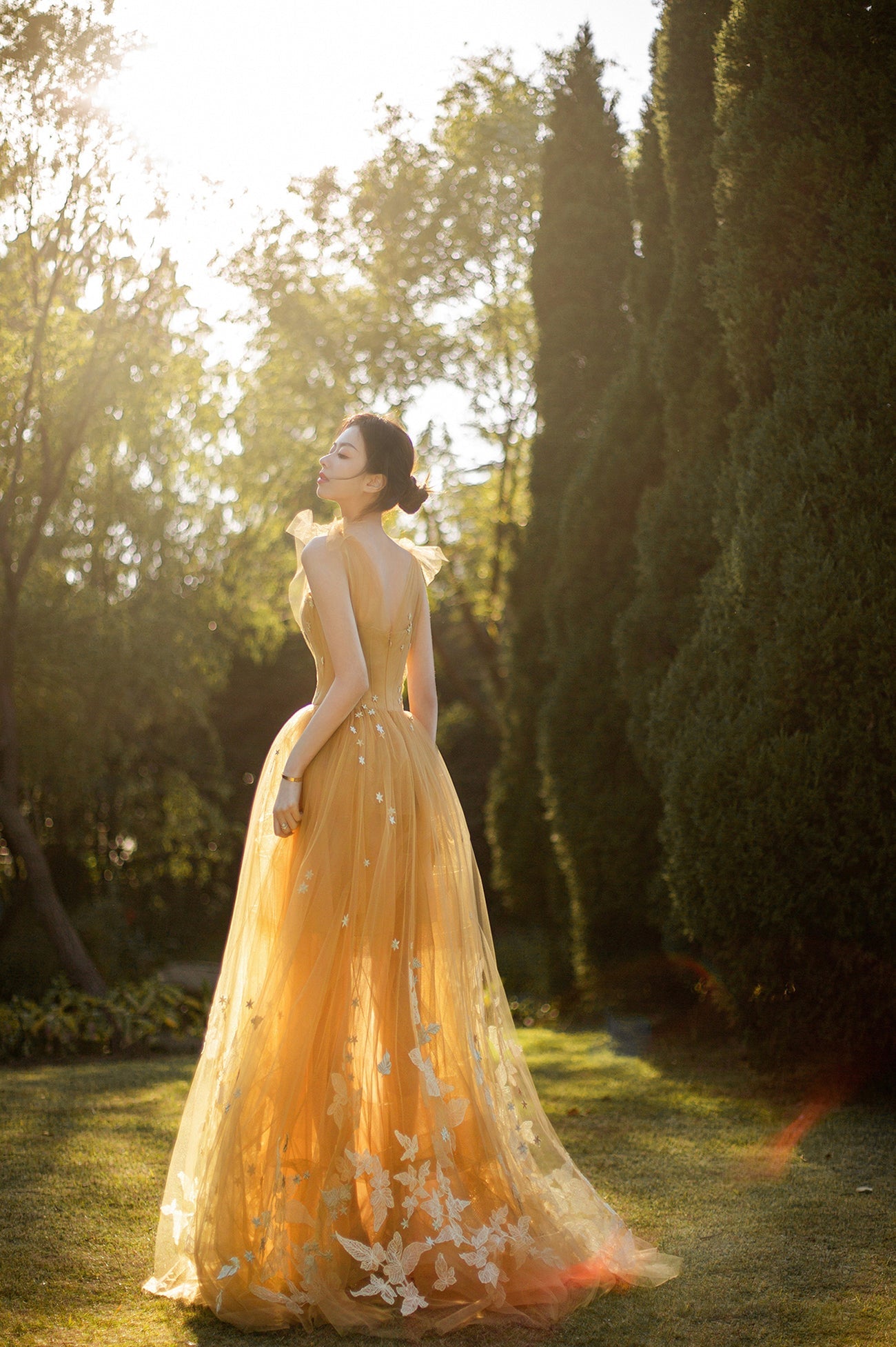 solvbao Yellow Tulle Lace Long Prom Dresses, A-Line Evening Gowns