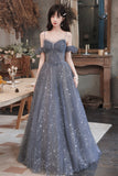 solvbao Gray Blue Tulle Long Prom Dresses, A-Line Spaghetti Straps Evening Dresses