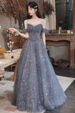 solvbao Gray Blue Tulle Long Prom Dresses, A-Line Spaghetti Straps Evening Dresses