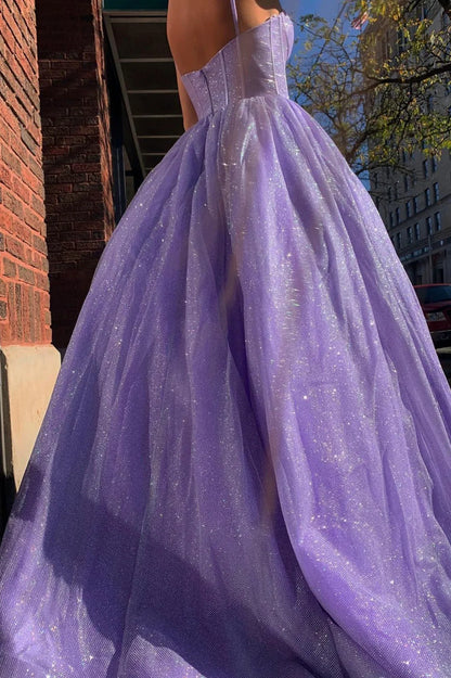 solvbao Purple Tulle Long Prom Dresses, A-Line Spaghetti Strap Evening Dresses