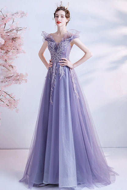 solvbao Purple Tulle Sequins Prom Dresses, A-Line Off the Shoulder Evening Dresses