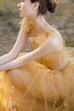 solvbao Yellow Tulle Lace Long Prom Dresses, A-Line Evening Gowns