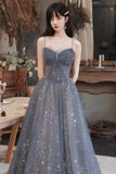 solvbao Gray Blue Tulle Long Prom Dresses, A-Line Spaghetti Straps Evening Dresses