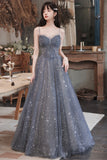 solvbao Gray Blue Tulle Long Prom Dresses, A-Line Spaghetti Straps Evening Dresses