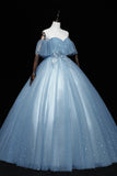 solvbao Blue Tulle Lace Long Prom Dresses, A-Line Off the Shoulder Evening Dresses