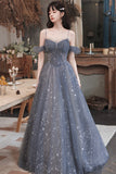 solvbao Gray Blue Tulle Long Prom Dresses, A-Line Spaghetti Straps Evening Dresses