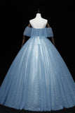 solvbao Blue Tulle Lace Long Prom Dresses, A-Line Off the Shoulder Evening Dresses