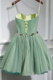 solvbao Green Strapless Tulle Short Prom Dress, A-Line Evening Party Dress