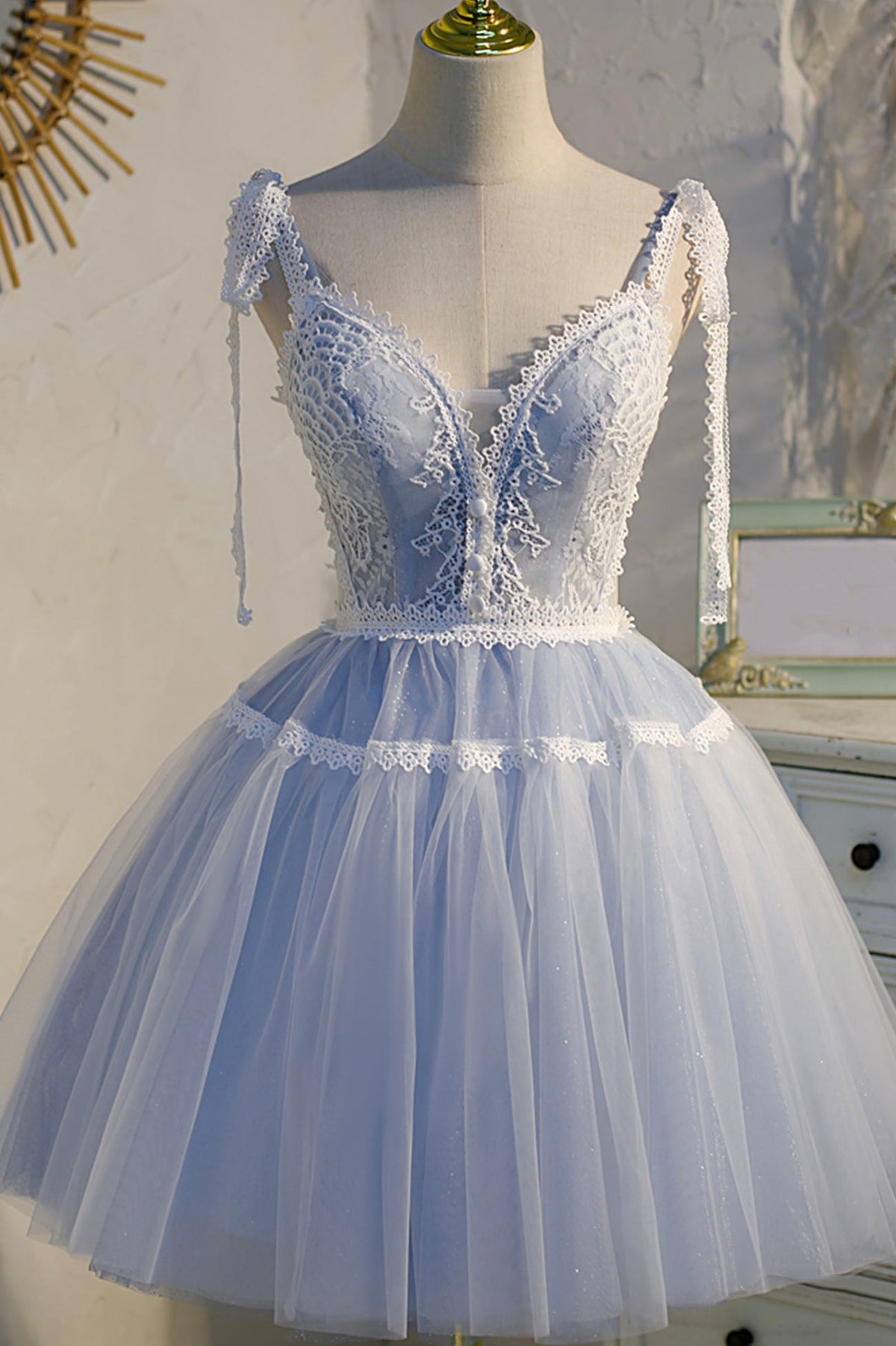 solvbao Blue Lace Short A-Line Prom Dress, Cute Spaghetti Strap Party Dress