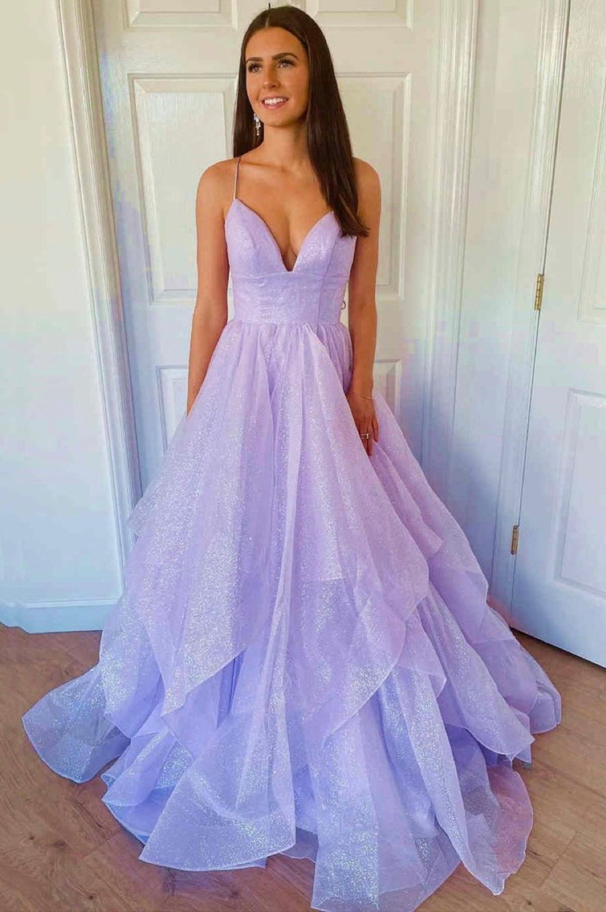 solvbao Purple Tulle Long A-Line Prom Dress, V-Neck Backless Evening Dress