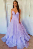 solvbao Purple Tulle Long A-Line Prom Dress, V-Neck Backless Evening Dress