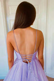 solvbao Purple Tulle Long A-Line Prom Dress, V-Neck Backless Evening Dress