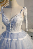 solvbao Blue Lace Short A-Line Prom Dress, Cute Spaghetti Strap Party Dress