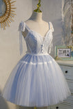 solvbao Blue Lace Short A-Line Prom Dress, Cute Spaghetti Strap Party Dress