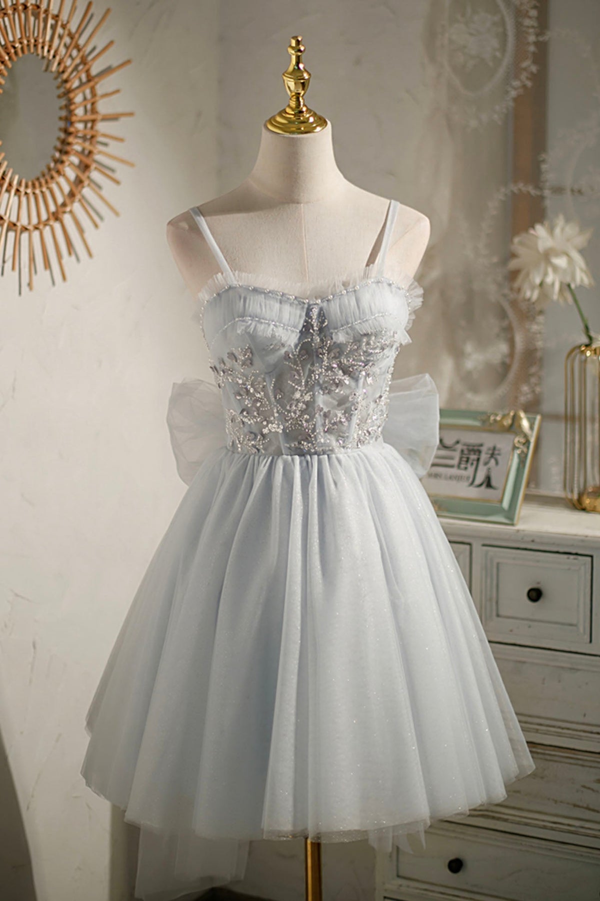 solvbao Gray Tulle Short A-Line Prom Dress, Cute Evening Party Dress