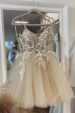 solvbao Champagne Spaghetti Lace Short Prom Dresses, A-Line Party Dresses