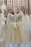 solvbao Champagne Spaghetti Lace Short Prom Dresses, A-Line Party Dresses