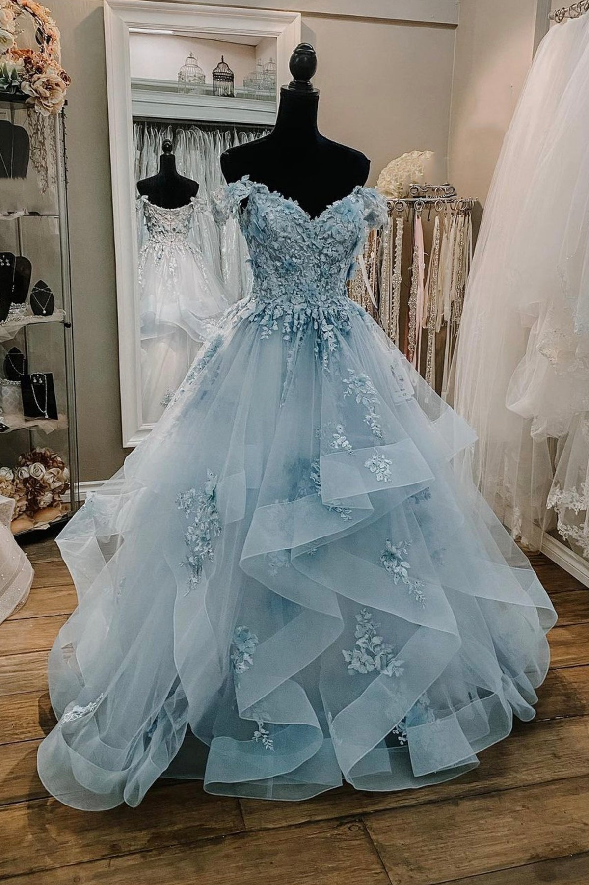 solvbao Blue Tulle Lace Long Prom Dresses, Off the Shoulder Evening Dresses