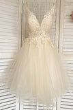 solvbao Champagne V-Neck Lace Short Prom Dresses, A-Line Mini Party Dresses