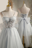 solvbao Gray Tulle Short A-Line Prom Dress, Cute Evening Party Dress