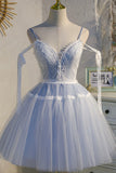 solvbao Blue Lace Short A-Line Prom Dress, Cute Spaghetti Strap Party Dress