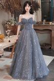 solvbao Gray Blue Tulle Long Prom Dresses, A-Line Spaghetti Straps Evening Dresses