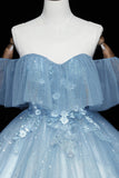 solvbao Blue Tulle Lace Long Prom Dresses, A-Line Off the Shoulder Evening Dresses