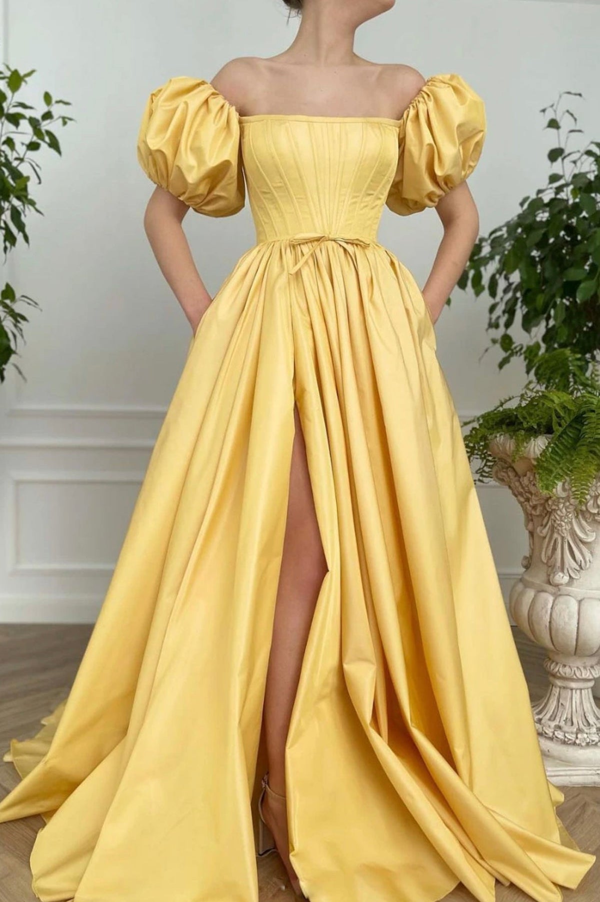 solvbao Yellow Satin Long Prom Dresses, A-Line Off the Shoulder Evening Dresses